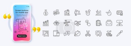 Illustration for Deflation, Quick tips and Search employee line icons for web app. Phone mockup gradient screen. Pack of Timer, Work home, Interview job pictogram icons. Vector - Royalty Free Image