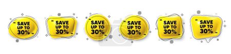 Illustration for Save up to 30 percent tag. Speech bubble 3d icons set. Discount Sale offer price sign. Special offer symbol. Discount chat talk message. Speech bubble banners with comma. Text balloons. Vector - Royalty Free Image