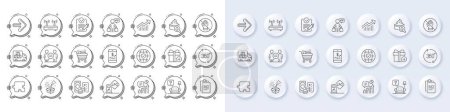Gas station, Rfp and Equality line icons. White pin 3d buttons, chat bubbles icons. Pack of Kpi, Moisturizing cream, Lounge icon. Demand curve, Credit card, Delivery truck pictogram. Vector