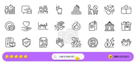Illustration for Puzzle, Metro subway and Handbag line icons for web app. Pack of Patient, Doctor, Wash hands pictogram icons. Circus tent, Report document, Business statistics signs. Clapping hands. Vector - Royalty Free Image