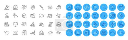 Illustration for Buyer, Vip shopping and Quiz line icons pack. Video conference, Vacancy, Eco energy web icon. Road banner, Chemistry pipette, Digital wallet pictogram. Rainy weather, Chemical hazard. Vector - Royalty Free Image