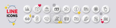 Illustration for Touchscreen gesture, Falling star and Accounting report line icons. White buttons 3d icons. Pack of Data security, Ranking, Leadership icon. Empower, Package size, Versatile pictogram. Vector - Royalty Free Image