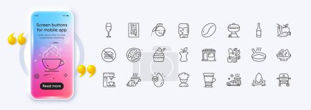 Illustration for Coffee maker, Organic waste and Coffee cup line icons for web app. Phone mockup gradient screen. Pack of Mint bag, Water drop, Grill pictogram icons. Water splash, Wineglass, Salad signs. Vector - Royalty Free Image