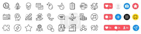Illustration for Calendar graph, Calendar and Star line icons pack. Social media icons. Eco power, Device, Water drop web icon. Place, Currency audit, Phosphorus mineral pictogram. Vector - Royalty Free Image