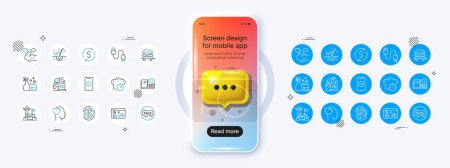 Illustration for Phone mockup with 3d chat icon. Anti-dandruff flakes, Charging cable and Fingerprint line icons. Pack of Phone protection, Petrol station, Fake news icon. Vector - Royalty Free Image