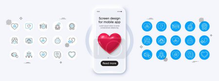 Phone mockup with 3d heart icon. Heart, Inclusion and Friends chat line icons. Pack of Love, Lgbt, Love award icon. Hold heart, Romantic dinner, Divorce lawyer pictogram. Vector