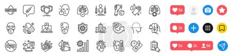 Illustration for Coronavirus protection, Covid test and Vaccine announcement line icons pack. Social media icons. Checklist, Face scanning, Calcium mineral web icon. Vector - Royalty Free Image