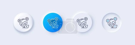 Illustration for Video conference line icon. Neumorphic, Blue gradient, 3d pin buttons. Online meeting sign. Start presentation symbol. Line icons. Neumorphic buttons with outline signs. Vector - Royalty Free Image