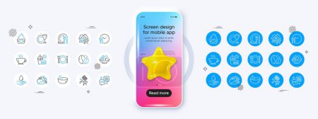 Water care, Calories and Coffee beans line icons. Phone mockup with 3d star icon. Pack of Coffee, Food delivery, Salad icon. Ice cream, Fast food, Grill basket pictogram. Vector