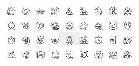 Uv protection, Vaccine announcement and Thermometer line icons pack. AI, Question and Answer, Map pin icons. Ph neutral, Use gloves, Bike web icon. Calories, Oil drop, Medical tablet pictogram. Vector