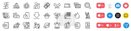 Illustration for Bitcoin, Photo album and Qr code line icons pack. Social media icons. Microscope, Time management, Attached info web icon. Creative idea, Bell alert, Inspect pictogram. Vector - Royalty Free Image