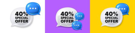 Chat speech bubble 3d icons. 40 percent discount offer tag. Sale price promo sign. Special offer symbol. Discount chat text box. Speech bubble banner. Offer box balloon. Vector