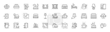 Illustration for Mattress, Latex mattress and Mint tea line icons. Pack of Terrace, Entrance, Table lamp icon. Open door, Door, Furniture pictogram. Wall lamp, Pillow, Floor plan. Coffee break. Line icons. Vector - Royalty Free Image