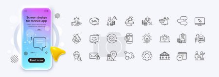 Illustration for Tax document, Teamwork and Notification cart line icons for web app. Phone mockup gradient screen. Pack of Inspect, 24h service, Hot loan pictogram icons. Vector - Royalty Free Image