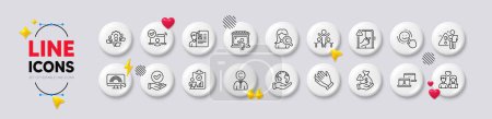 Inspect, Lgbt and Couple love line icons. White buttons 3d icons. Pack of Teamwork, Market seller, Approved checkbox icon. Dont touch, Search employee, Clapping hands pictogram. Vector