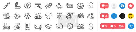 Add gift, Ice creams and Checklist line icons pack. Social media icons. Delivery truck, Ad, Truck delivery web icon. Brush, Car leasing, Business idea pictogram. Vector