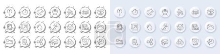 Checklist, Square area and Timer line icons. White pin 3d buttons, chat bubbles icons. Pack of Sunscreen, Saving electricity, Vitamin u icon. Moon, Charging time, Prescription drugs pictogram. Vector