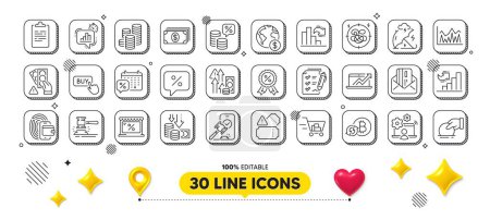 Illustration for Deflation, Survey checklist and Clipboard line icons pack. 3d design elements. Shopping cart, Discount medal, Auction hammer web icon. Wallet, Discounts calendar, Stress protection pictogram. Vector - Royalty Free Image