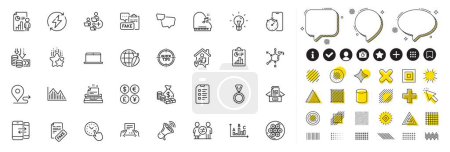 Illustration for Set of Megaphone, Timer app and Report line icons for web app. Design elements, Social media icons. Ranking stars, Cable section, Add team icons. Documents box, Time management, Journey signs. Vector - Royalty Free Image