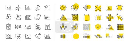Report, 3D Chart, Block diagram and Dot Plot graph linear icons. Design shape elements. Charts and Diagrams line icons. Trend, Pyramid and Pie chart report symbols. Vector