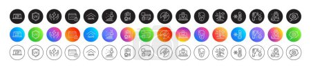 Illustration for Stats, Electronic thermometer and Low thermometer line icons. Round icon gradient buttons. Pack of Safe energy, Inspect, Electric energy icon. Account, Windmill, Web lectures pictogram. Vector - Royalty Free Image