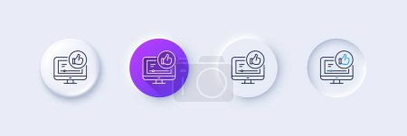 Illustration for Like video line icon. Neumorphic, Purple gradient, 3d pin buttons. Thumbs up sign. Positive feedback, social media symbol. Line icons. Neumorphic buttons with outline signs. Vector - Royalty Free Image