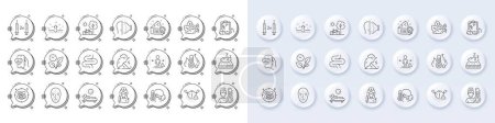 Social distance, Mattress and Prescription drugs line icons. White pin 3d buttons, chat bubbles icons. Pack of Cream, Medical mask, Lounger icon. Intestine, Thermometer, Stress pictogram. Vector