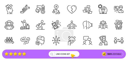 Illustration for Broken heart, Teamwork and Puzzle line icons for web app. Pack of People chatting, Stress, Augmented reality pictogram icons. Queue, Coronavirus protection, Escalator signs. Search bar. Vector - Royalty Free Image