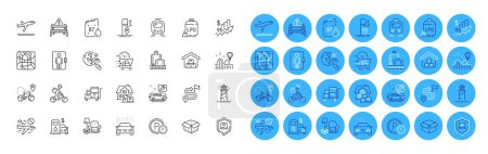 Illustration for Elevator, Roller coaster and Parking time line icons pack. Home moving, Inventory cart, Metro map web icon. Delivery bike, Lighthouse, Gas cylinder pictogram. Car wash, Departure plane. Vector - Royalty Free Image
