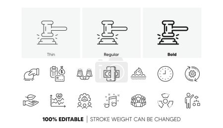 Illustration for Cardio training, Payment and Musical note line icons. Pack of Chemical hazard, Algorithm, Clock icon. Sconce light, Phishing, Donate pictogram. Judge hammer, Cogwheel, Women group. Leaf. Vector - Royalty Free Image