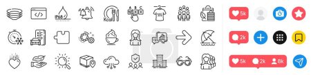 Illustration for Group people, Heart and Security agency line icons pack. Social media icons. Cloud computing, Correct checkbox, Freezing timer web icon. Parcel tracking, Bell, Gears pictogram. Vector - Royalty Free Image