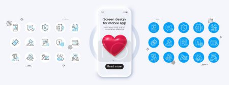 Illustration for Phone mockup with 3d heart icon. Fraud, Statistic and Checked calculation line icons. Pack of Auction, Deflation, Bribe icon. Success business, Salary, Mobile finance pictogram. Vector - Royalty Free Image