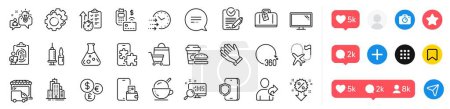 Illustration for Search, Money currency and Hand baggage line icons pack. Social media icons. Fingerprint, Sale bags, Timer web icon. Phone wallet, Skyscraper buildings, Ice cream pictogram. Vector - Royalty Free Image