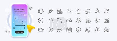 Vacancy, Cloudy weather and Alarm clock line icons for web app. Phone mockup gradient screen. Pack of Excise duty, Mute sound, Medical tablet pictogram icons. Vector