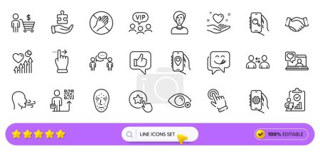 Dont touch, Cursor and App settings line icons for web app. Pack of Handshake, Buyer, Yummy smile pictogram icons. Vip clients, Touchscreen gesture, Breathing exercise signs. Search bar. Vector