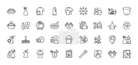 Illustration for Clean hands, Glass and Dirty t-shirt line icons pack. AI, Question and Answer, Map pin icons. Dry t-shirt, Clean bubbles, Fork web icon. Dont touch, Washing cloth, Coronavirus spray pictogram. Vector - Royalty Free Image