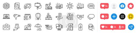 Illustration for Charging station, Online delivery and Charging parking line icons pack. Social media icons. Medical analytics, 360 degree, Risk management web icon. Hair dryer, Stars, Wall lamp pictogram. Vector - Royalty Free Image