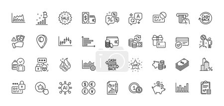 Illustration for Report document, Cashback and Lock line icons pack. AI, Question and Answer, Map pin icons. Gift card, Column chart, Card web icon. Hot loan, Operational excellence, Mortgage pictogram. Vector - Royalty Free Image