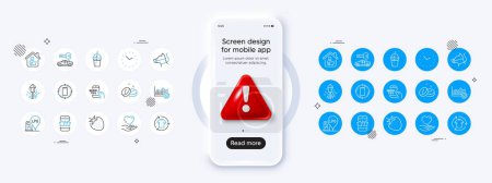 Illustration for Medical tablet, Car key and Hold heart line icons. Phone mockup with 3d danger icon. Pack of Education, Star, Fireworks icon. Strawberry, Gas station, Coffee cocktail pictogram. Vector - Royalty Free Image
