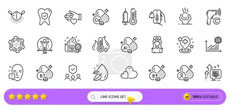 Illustration for Aluminium mineral, Vaccine announcement and Thermometer line icons for web app. Pack of Dental insurance, Stress grows, Vitamin pictogram icons. Medical mask, Coronavirus statistics. Vector - Royalty Free Image