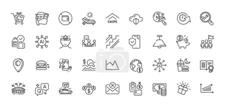 Illustration for Flight destination, Yoga mind and Swipe up line icons pack. AI, Question and Answer, Map pin icons. Ceiling lamp, Global business, Gift web icon. Lounger, Line chart, Leadership pictogram. Vector - Royalty Free Image