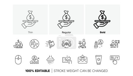 Auction, Flight mode and Discount coupon line icons. Pack of Startup, Budget accounting, Computer mouse icon. Cleaning, Shower, Buying pictogram. Loan, Inventory cart, Vip mail. Line icons. Vector