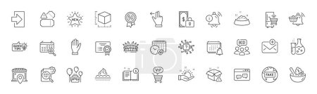 Illustration for Notification, Skin care and Education idea line icons. Pack of Login, Information bell, Hand icon. Seo stats, Salad, Cardio calendar pictogram. Private payment, Tickets, Refrigerator. Vector - Royalty Free Image