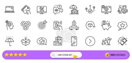 Illustration for Wallet, Return package and Voicemail line icons for web app. Pack of Laptop, Stars, Forward pictogram icons. Report, Get box, Star signs. Bitcoin coin, Loyalty star, Bitcoin pay. Search bar. Vector - Royalty Free Image