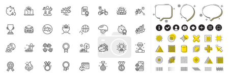Illustration for Set of Honor, Timer and Best rank line icons for web app. Design elements, Social media icons. Yoga, Sports arena, Best result icons. Bicycle parking, Bicycle helmet, Winner signs. Vector - Royalty Free Image