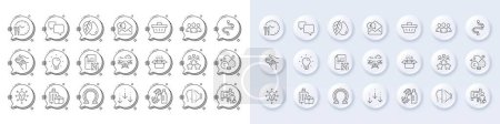 Illustration for Qr code, Food time and Business meeting line icons. White pin 3d buttons, chat bubbles icons. Pack of Timeline, Volunteer, Face id icon. Shopping basket, Vitamin c, Packing boxes pictogram. Vector - Royalty Free Image