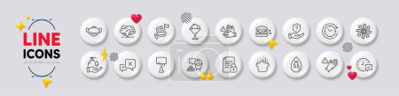 Co2 gas, Medical mask and Wash hands line icons. White buttons 3d icons. Pack of Ph neutral, Food delivery, Versatile icon. Table lamp, Use gloves, Ice cream pictogram. Vector