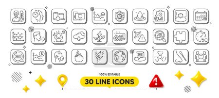 Illustration for Fuel energy, 360 degrees and Eco food line icons pack. 3d design elements. Search employees, Recovery devices, Lightning bolt web icon. Vector - Royalty Free Image