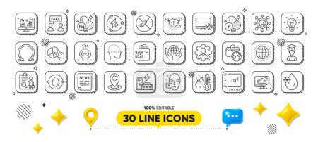 Face scanning, Global business and Difficult stress line icons pack. 3d design elements. Professional, Omega, Monitor settings web icon. Pie chart, Fake information, Framework pictogram. Vector