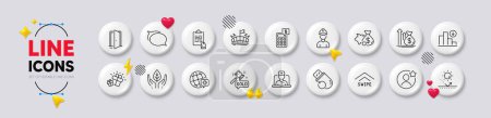 Flash memory, Swipe up and Piggy bank line icons. White buttons 3d icons. Pack of Budget, Foreman, World medicine icon. Open door, Arena, Auction hammer pictogram. Vector